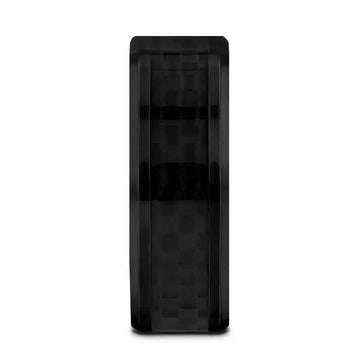 OXYN Black Titanium Polished Beveled Edges Black Carbon Fiber Inlaid Men’s Wedding Band - 6mm & 8mm - Larson Jewelers