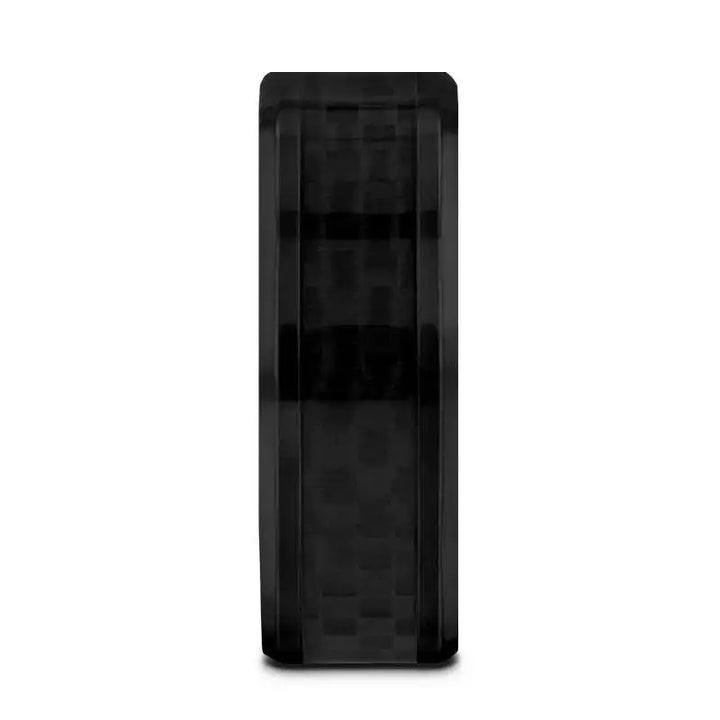 OXYN Black Titanium Polished Beveled Edges Black Carbon Fiber Inlaid Men’s Wedding Band - 6mm & 8mm - Larson Jewelers
