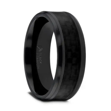 OXYN Black Titanium Polished Beveled Edges Black Carbon Fiber Inlaid Men’s Wedding Band - 6mm & 8mm - Larson Jewelers