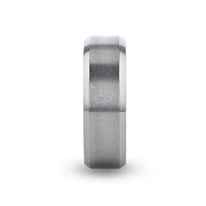 SHIRE titanium men’s flat wedding ring with brushed center and polished beveled edges, flat lay