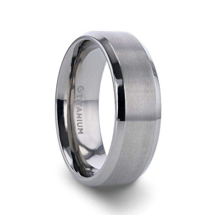 SHIRE titanium men’s flat wedding ring with brushed center and polished beveled edges, side view