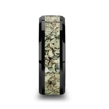 DROGON Light Green Dinosaur Bone Inlaid Black Ceramic Men’s Wedding Band with Polished Beveled Edges – 8mm - Larson Jewelers