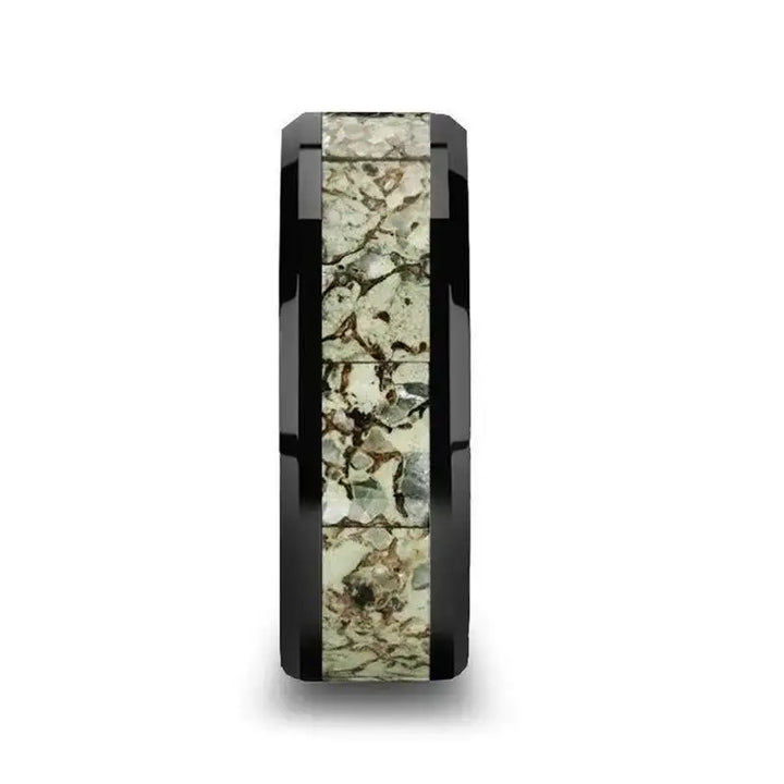 DROGON Light Green Dinosaur Bone Inlaid Black Ceramic Men’s Wedding Band with Polished Beveled Edges – 8mm - Larson Jewelers