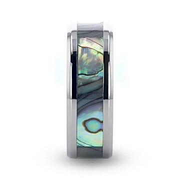 KAUI Titanium Polished Finish Mother Of Pearl Inlaid Men’s Beveled Wedding Band - 6mm & 8mm - Larson Jewelers