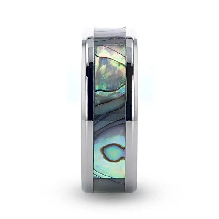 KAUI Titanium Polished Finish Mother Of Pearl Inlaid Men’s Beveled Wedding Band - 6mm & 8mm - Larson Jewelers
