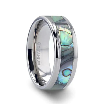 KAUI Titanium Polished Finish Mother Of Pearl Inlaid Men’s Beveled Wedding Band - 6mm & 8mm - Larson Jewelers