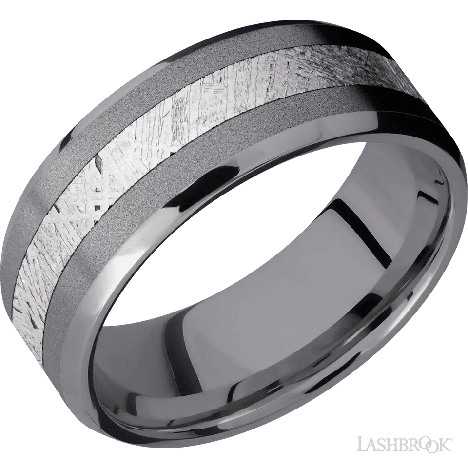 Tantalum with Sand , Polish Finish and Meteorite Inlay - 8MM - Larson Jewelers