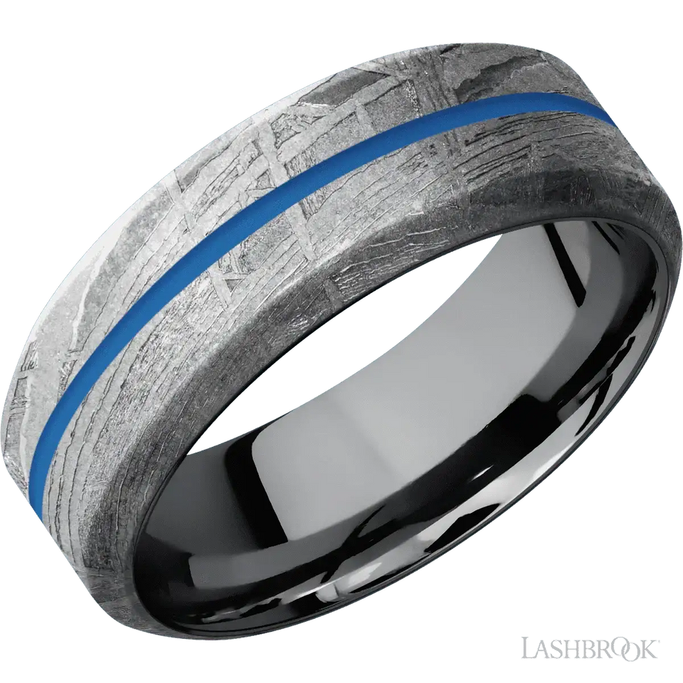 Meteorite with None Finish and Sea Blue Inlay and Tantalum - 8MM - Larson Jewelers