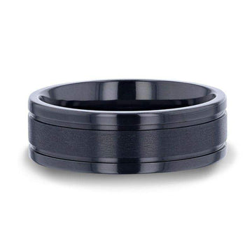 WOLVERINE Brushed Center Black Titanium Men's Wedding Band With Polished Dual Offset Grooves - 8mm - Larson Jewelers