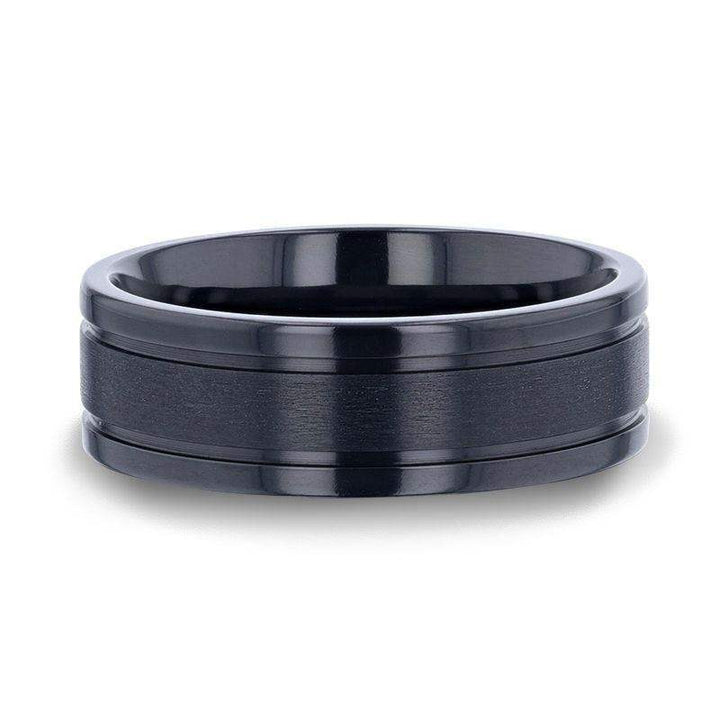 WOLVERINE Brushed Center Black Titanium Men's Wedding Band With Polished Dual Offset Grooves - 8mm - Larson Jewelers