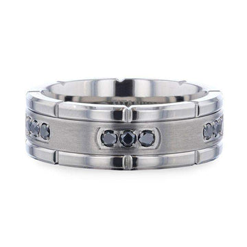 COURAGEOUS Brushed Center Titanium Men's Wedding Band With Double Grooved Polished Edges And Black Diamond Settings - 8mm - Larson Jewelers