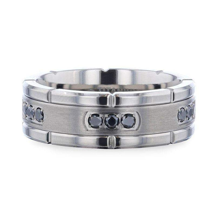 COURAGEOUS Brushed Center Titanium Men's Wedding Band With Double Grooved Polished Edges And Black Diamond Settings - 8mm - Larson Jewelers