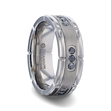 COURAGEOUS Brushed Center Titanium Men's Wedding Band With Double Grooved Polished Edges And Black Diamond Settings - 8mm - Larson Jewelers
