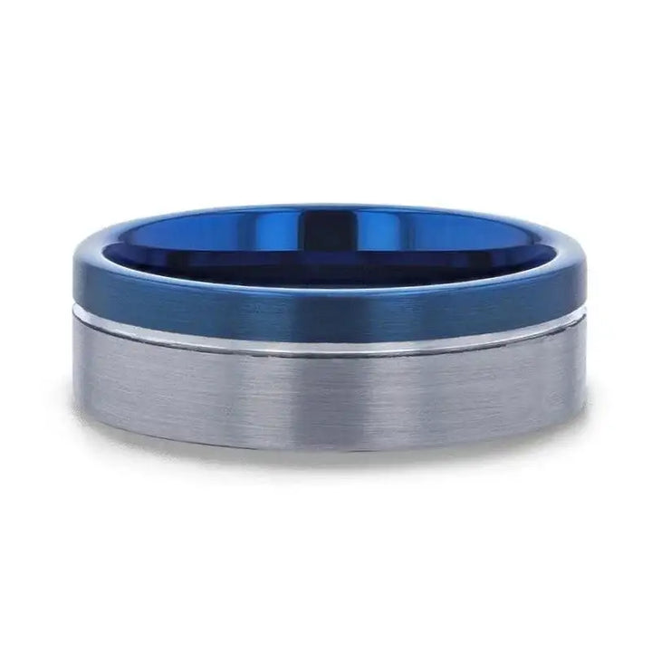 ATLANTIC Duo Color Brushed Center Tungsten Carbide Men's Wedding Band With Blue Ion Plating Inside the Band - 8mm - Larson Jewelers