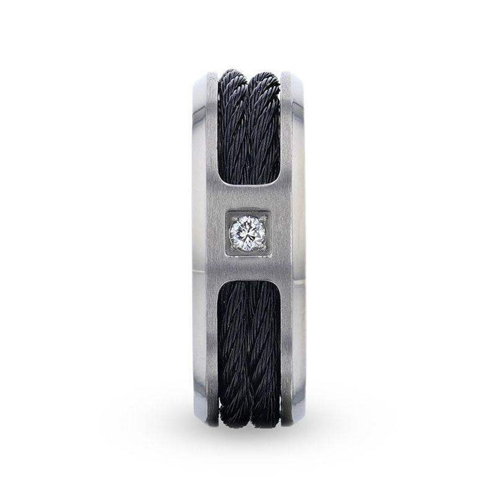 SECTOR Black Rope Cables Inlaid Brushed Finish Titanium Men's Wedding Ring with Diamond Centered And Beveled Polished Edges - 8mm - Larson Jewelers