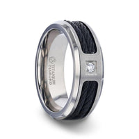 SECTOR Black Rope Cables Inlaid Brushed Finish Titanium Men's Wedding Ring with Diamond Centered And Beveled Polished Edges - 8mm - Larson Jewelers