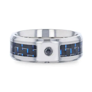 PACIFIC Black And Blue Carbon Fiber Inlaid Titanium Men's Wedding Band With Beveled Polished Edges and Black Sapphire Center Stone - 8mm - Larson Jewelers