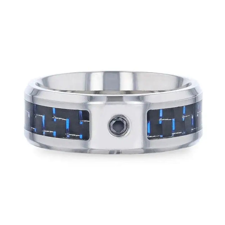 PACIFIC Black And Blue Carbon Fiber Inlaid Titanium Men's Wedding Band With Beveled Polished Edges and Black Sapphire Center Stone - 8mm - Larson Jewelers