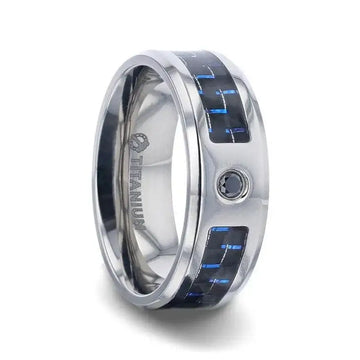 PACIFIC Black And Blue Carbon Fiber Inlaid Titanium Men's Wedding Band With Beveled Polished Edges and Black Sapphire Center Stone - 8mm - Larson Jewelers