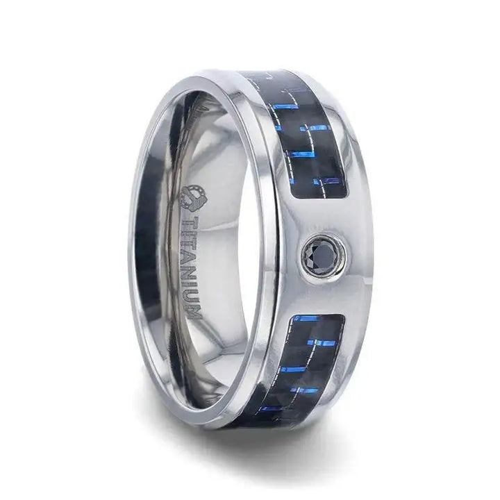 PACIFIC Black And Blue Carbon Fiber Inlaid Titanium Men's Wedding Band With Beveled Polished Edges and Black Sapphire Center Stone - 8mm - Larson Jewelers