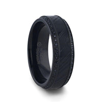 TROPHY Black Damascus Steel Inlaid Polished Black Titanium Men's Wedding Band With Black Sapphire Beveled Edges - 8mm - Larson Jewelers