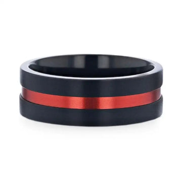 BLAZE Flat Brushed Black Titanium Men's Wedding Band With Red Aluminum Groove Brushed Center - 8mm - Larson Jewelers