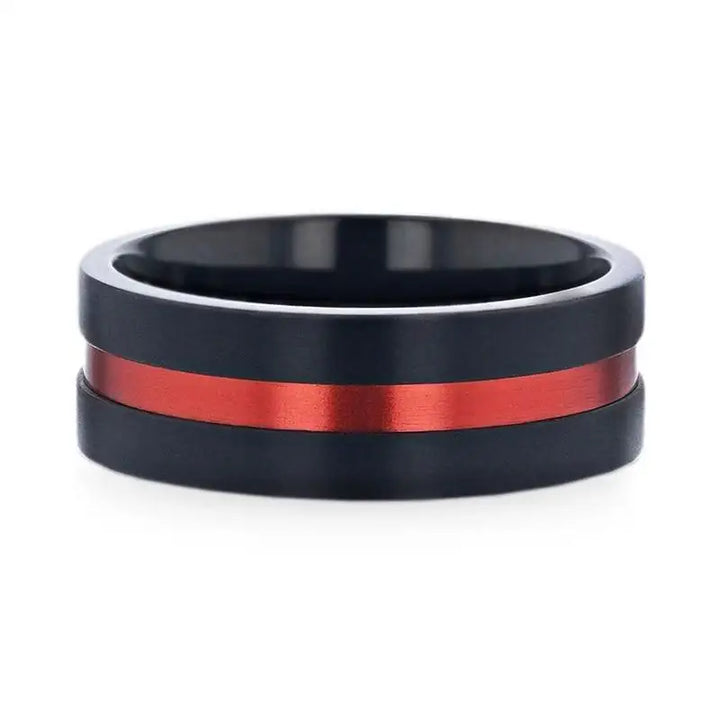 BLAZE Flat Brushed Black Titanium Men's Wedding Band With Red Aluminum Groove Brushed Center - 8mm - Larson Jewelers