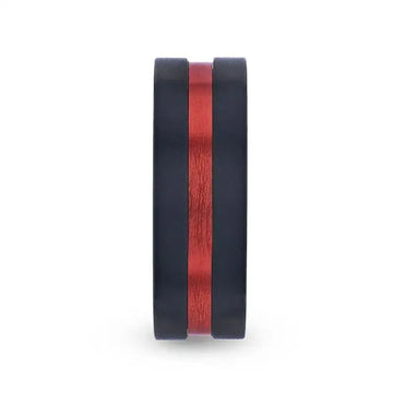 BLAZE Flat Brushed Black Titanium Men's Wedding Band With Red Aluminum Groove Brushed Center - 8mm - Larson Jewelers