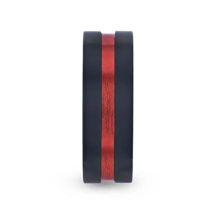 BLAZE Flat Brushed Black Titanium Men's Wedding Band With Red Aluminum Groove Brushed Center - 8mm - Larson Jewelers