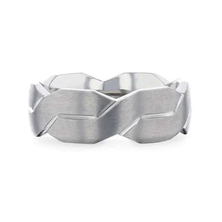 ENDURE Interlocking Infinity Symbol Flat Brushed Titanium Men's Wedding Band With Polished Grooves - 8mm - Larson Jewelers