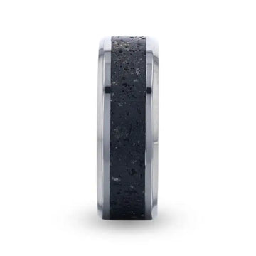 MAUNA Black And Gray Lava Inlaid Titanium Men's Wedding Band With Polished Beveled Edges - 8mm - Larson Jewelers