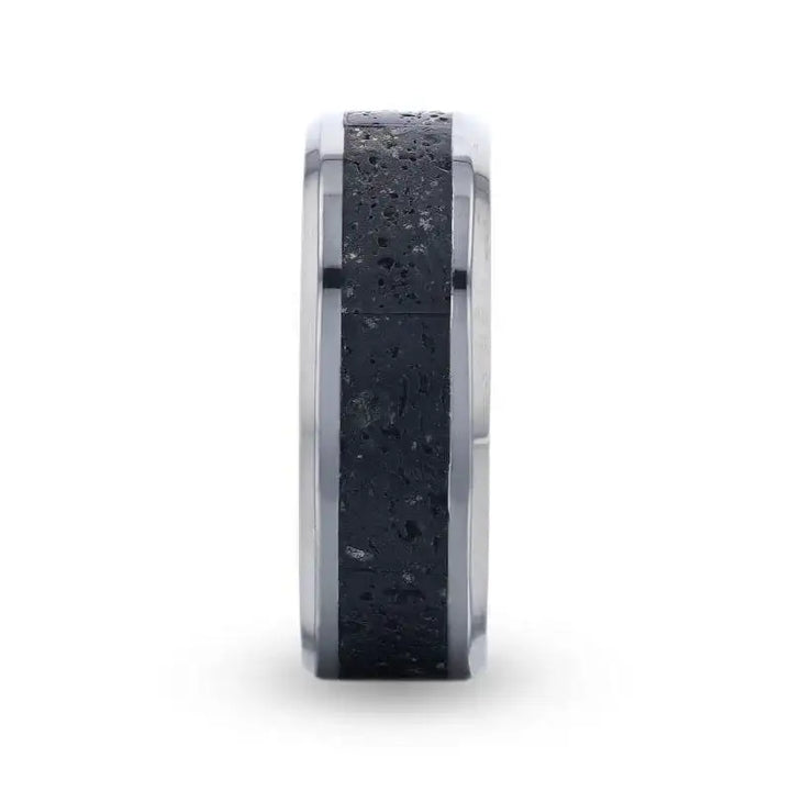 MAUNA Black And Gray Lava Inlaid Titanium Men's Wedding Band With Polished Beveled Edges - 8mm - Larson Jewelers