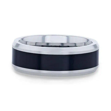 HAWK Polished Black Ceramic Inlaid Tungsten Men's Wedding Band with Bevels by Thorsten - 8mm - Larson Jewelers