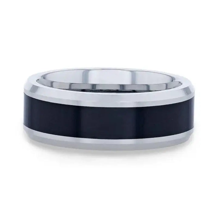 HAWK Polished Black Ceramic Inlaid Tungsten Men's Wedding Band with Bevels by Thorsten - 8mm - Larson Jewelers