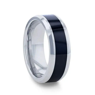 HAWK Polished Black Ceramic Inlaid Tungsten Men's Wedding Band with Bevels by Thorsten - 8mm - Larson Jewelers
