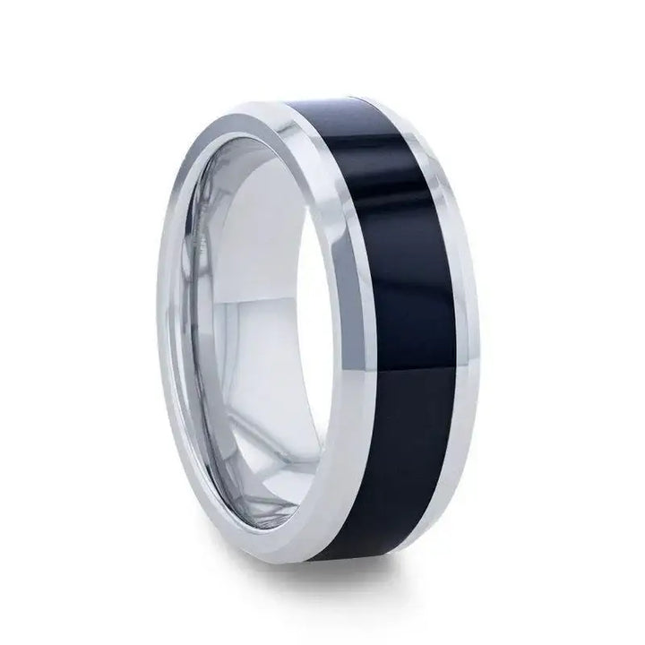 HAWK Polished Black Ceramic Inlaid Tungsten Men's Wedding Band with Bevels by Thorsten - 8mm - Larson Jewelers