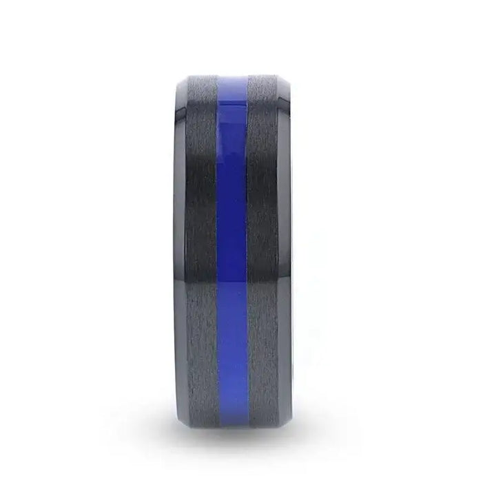 JACKSEN Black Titanium Men's Wedding Band Beveled Black Titanium With Blue Stripe Inlaid Brushed Finish Center And Polished Beveled Edges - 8mm - Larson Jewelers