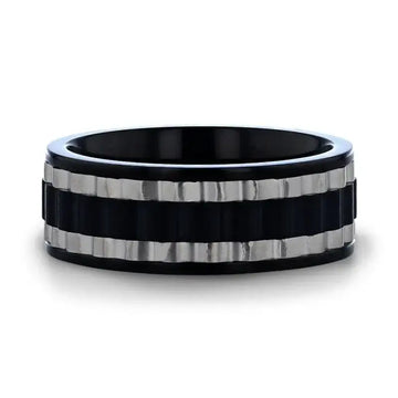 GEAR Two Toned Wavy Centered Brushed Black Titanium Men's Wedding Band With Flat Polished Edges - 8mm - Larson Jewelers