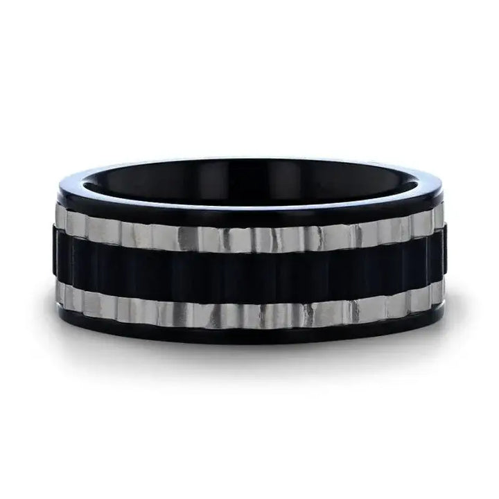 GEAR Two Toned Wavy Centered Brushed Black Titanium Men's Wedding Band With Flat Polished Edges - 8mm - Larson Jewelers