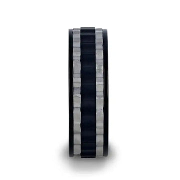 GEAR Two Toned Wavy Centered Brushed Black Titanium Men's Wedding Band With Flat Polished Edges - 8mm - Larson Jewelers
