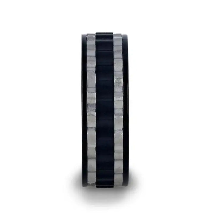 GEAR Two Toned Wavy Centered Brushed Black Titanium Men's Wedding Band With Flat Polished Edges - 8mm - Larson Jewelers