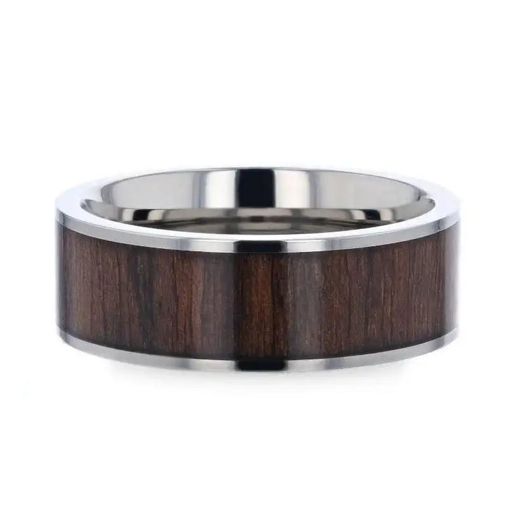 LOGAN Flat Polished Black Walnut Wood Inlaid Titanium Men's Wedding Band With Flat Polished Edges - 8mm - Larson Jewelers