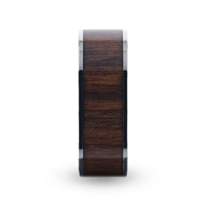 LOGAN Flat Polished Black Walnut Wood Inlaid Titanium Men's Wedding Band With Flat Polished Edges - 8mm - Larson Jewelers