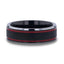 OLIS Wire Finish Centered Black Tungsten Men's Wedding Band With Double Red Stripe Polished Beveled Edges - 8mm - Larson Jewelers