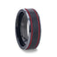 OLIS Wire Finish Centered Black Tungsten Men's Wedding Band With Double Red Stripe Polished Beveled Edges - 8mm - Larson Jewelers