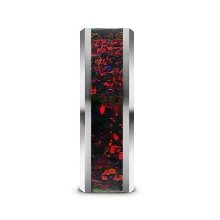 HALLEY Tungsten Carbide Black Opal Inlay Men’s Wedding Band with Beveled Edges - 8mm - Larson Jewelers
