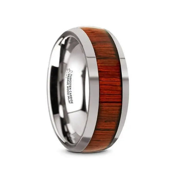 MUKWA Tungsten Carbide Polished Finish Men’s Domed Wedding Band with Padauk Wood Inlay - 8mm - Larson Jewelers