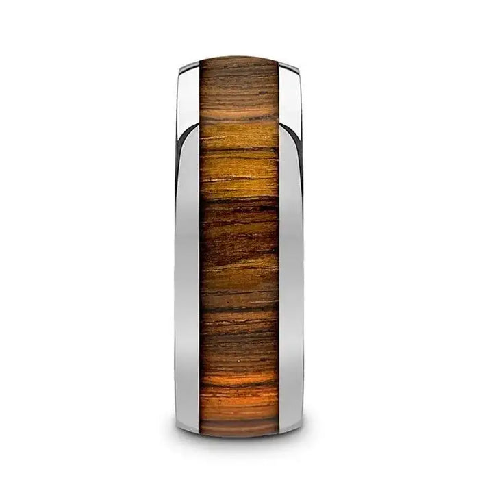 TIGRE Tungsten Carbide Polished Finish Men’s Domed Wedding Band with Zebra Wood Inlay - 8mm - Larson Jewelers