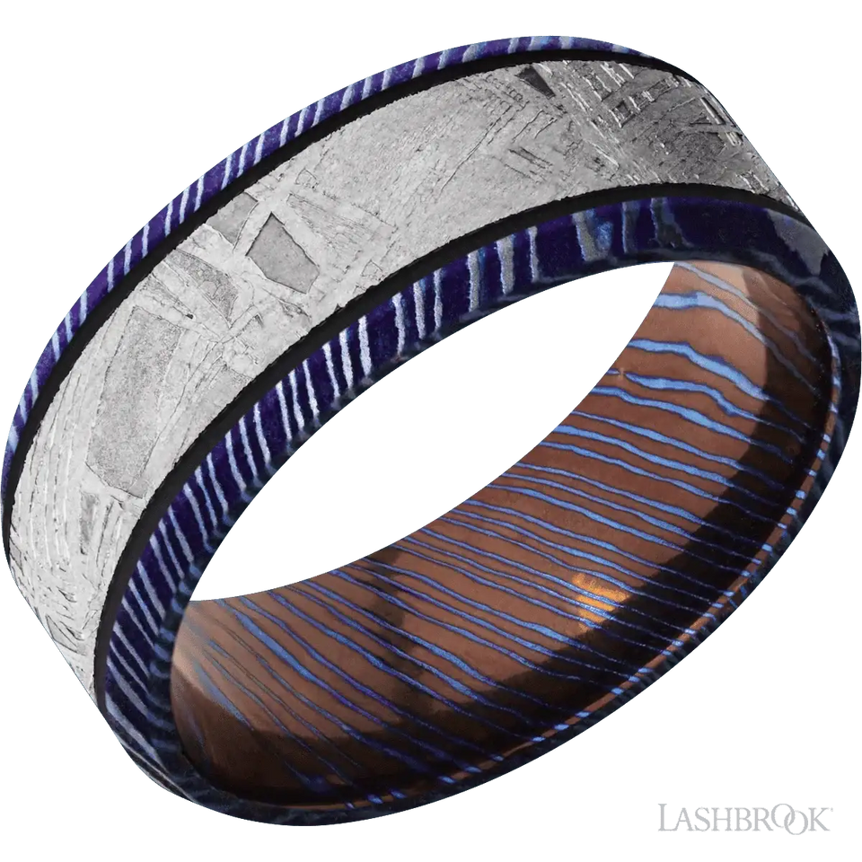 Titanium Damascus with Satinetched, Satinetched Finish and Meteorite Inlay - 8MM - Larson Jewelers
