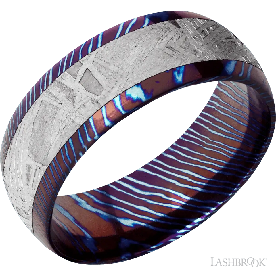 Titanium Damascus with Polish Finish and Meteorite Inlay - 8MM - Larson Jewelers